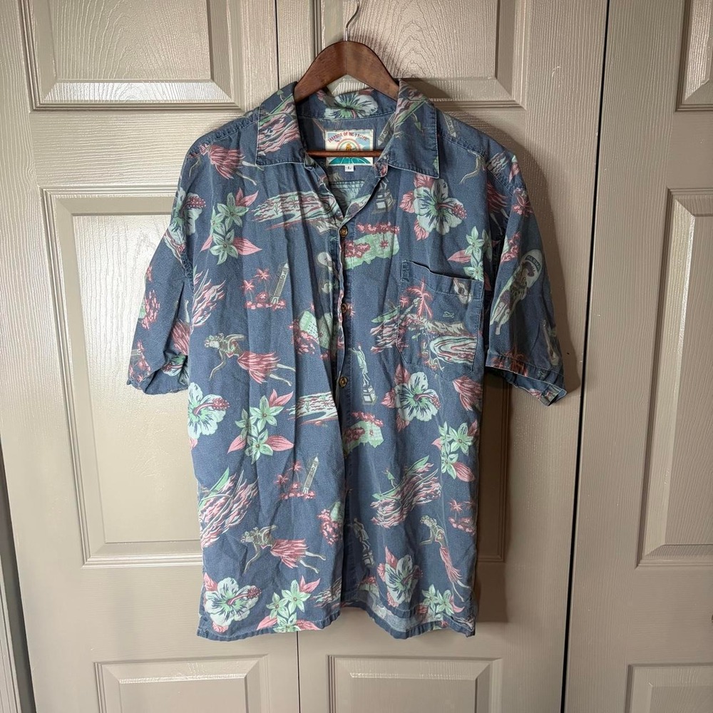 Paradise of the Pacific Vintage Hawaiian Shirt Mens Large Blue Floral Bird L